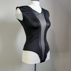 Seductions Black Mesh Panel Bodysuit Faux Leather Cap Sleeve Medium Sheer Goth